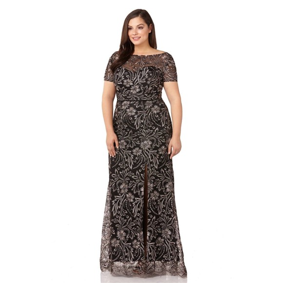 JS COLLECTIONS Salmon Pink Black Floral Embroidered Lace Trumpet Slit Gown 10 - Picture 10 of 10